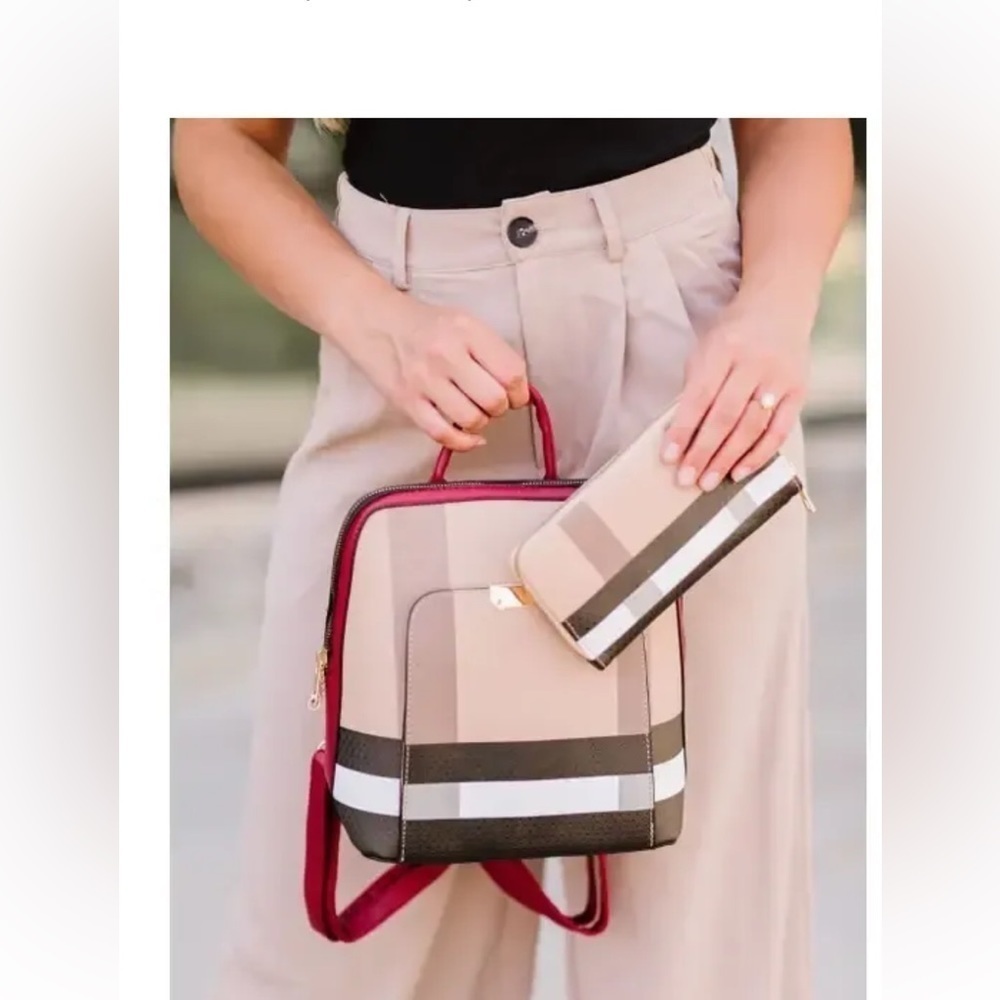 Geneva Luxury Convertible Backpack/ Shoulder Bag, Matching Wallet Set, Burgandy